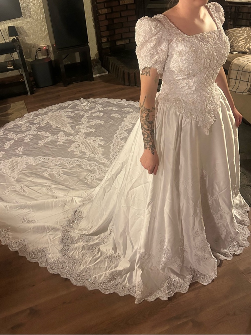 Vintage Lace Bridal Gown with Dramatic Train - White